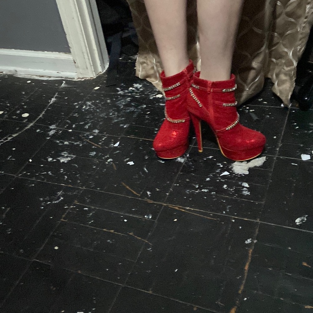 Red high heel boots with rhinestone